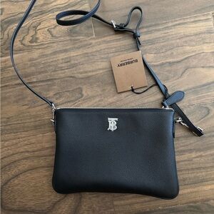 Burberry Black Pebbled Leather Crossbody Bag with TB Monogram